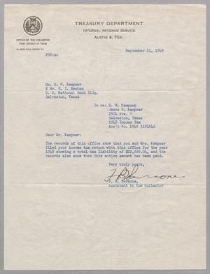 [Letter from F. B. Parsons to D. W. Kempner, September 21, 1949 #1]
