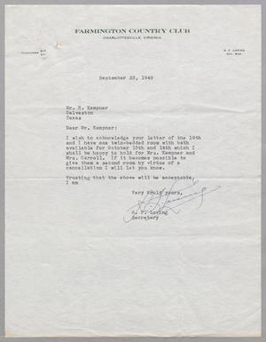 [Letter from R. F. Loving to Harris Leon Kempner, September 23, 1949]