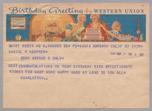 [Telegram from Charlotte to Daniel W. Kempner, March 27, 1949]