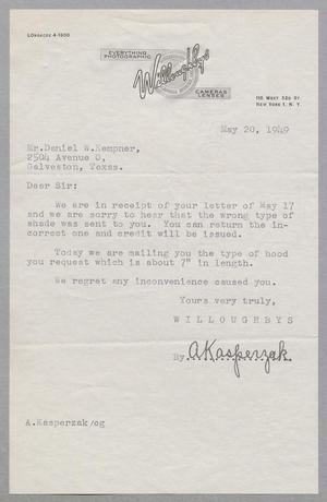 [Letter from Willoughby's to Mr. Daniel W. Kempner, May 20, 1949]