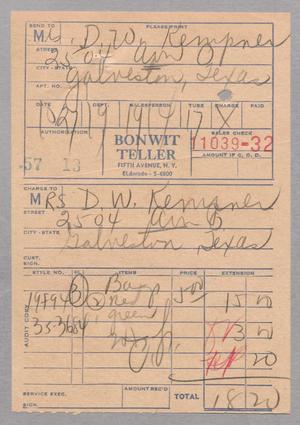 [Invoice for Charge to Mrs. D. W. Kempner, October 1949]