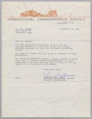 [Letter from International Correspondence Schools to Mr. D. W. Kempner, September 16, 1949]