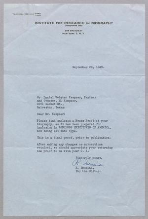 [Letter from the Institute for Research in Biography to D. W. Kempner, September 28, 1949]