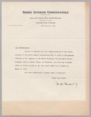 [Letter from Kirby Lumber Corporation, February 10, 1949]