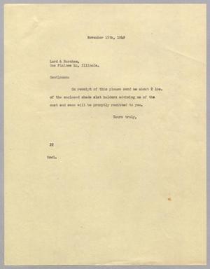 Primary view of object titled '[Letter from Daniel W. Kempner to Lord & Burnham, November 15, 1949]'.