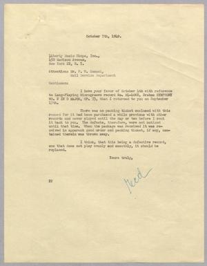 [Letter from D. W. Kempner to Liberty Music Shops, Inc., October 7, 1949]