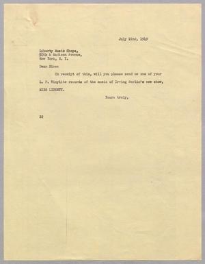 [Letter from Daniel W. Kempner to Liberty Music Shops, July 22, 1949]