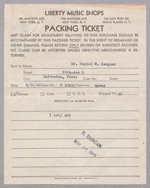 [Packing Ticket from Liberty Music Shops, May 12, 1949]