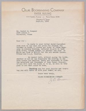[Letter from the Ollre Bookbinding Company to D. W. Kempner, September 21, 1949]
