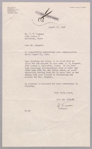 [Letter from H. Turner to D. W. Kempner, August 17, 1949]
