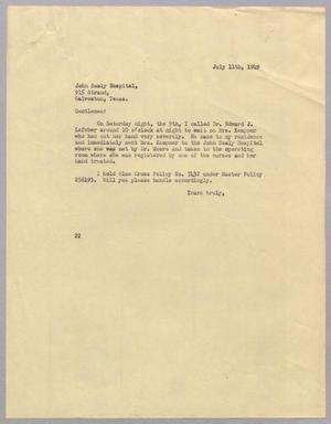 [Letter from Daniel W. Kempner to John Sealy Hospital, July 11, 1949]
