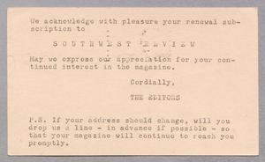 [Postcard from the Southwest Review to D. W. Kempner, January 2, 1949]