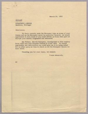 [Letter from D. W. Kempner to Kempner Linens, March 20, 1952]