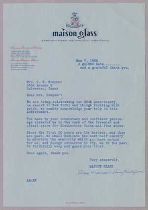 [Letter from Maison Glass to Mrs. Daniel W. Kempner, May 7, 1952]