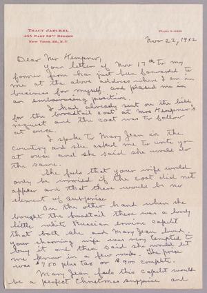 [Handwritten Letter from Tracy Jaeckel to Daniel W. Kempner, November 22, 1952]