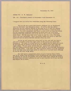 [Letter from Harris L. Kempner to Daniel W. Kempner, December 23, 1952]