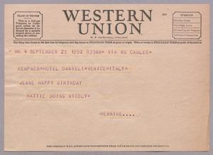 [Telegram from I. H. Kempner and Henrietta Kempner to Jeane Kempner, September 25, 1952]
