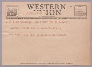 [Telegram from Fannie Adoue, Pat Kempner, and R. Lee Kempner to Jeane Kempner, September 25, 1952]