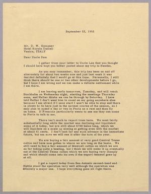 [Letter from Harris L. Kempner to Daniel W. Kempner, September 22, 1952]
