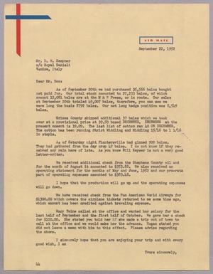 [Letter from A. H. Blackshear, Jr. to Daniel W. Kempner, September 22, 1952]