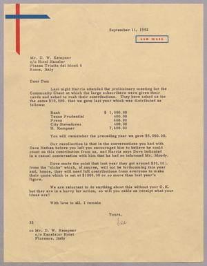 [Letter from R. Lee Kempner to Daniel W. Kempner, September 11, 1952]