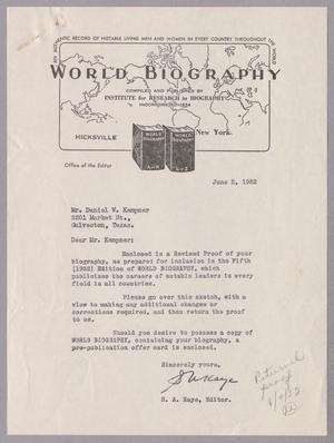 [Letter from S. A. Kaye to Daniel W. Kempner, June 2, 1952]