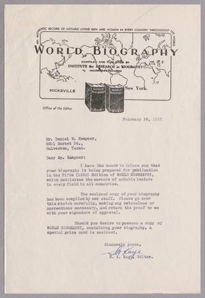[Letter from S. A. Kaye to D. W. Kempner, February 18, 1952]