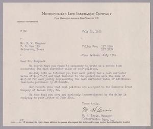 [Letter from M. H. Lewis to Daniel W. Kempner, July 22, 1952]