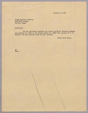 [Letter from Blackshear, A. H. to Group Hospital Service, January 8, 1952]