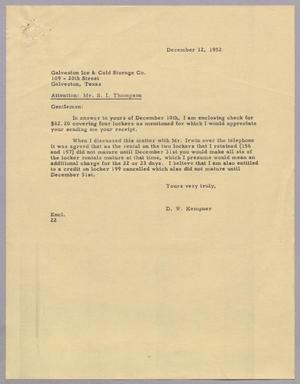 [Letter from Daniel W. Kempner to Galveston Ice & Cold Storage Co., December 12, 1952]