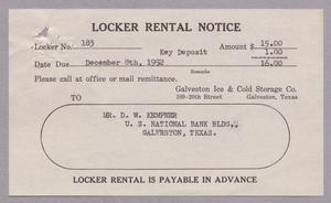 [Locker Rental Notice from the Galveston Ice & Cold Storage Co. to D. W. Kempner, 1952 #2]