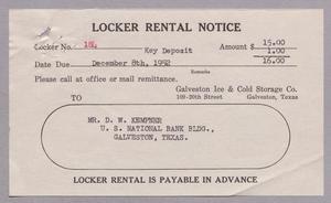 [Locker Rental Notice from the Galveston Ice & Cold Storage Co. to D. W. Kempner, 1952 #3]