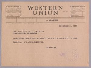 [Telegram from Jeane and D. W. Kempner to Mr. and Mrs. W. L. Gatz, Sr., December 2, 1952]