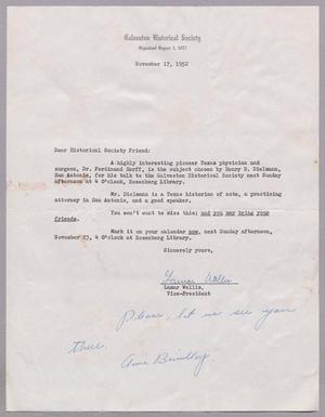 [Letter from the Galveston Historical Society, November 17, 1952]