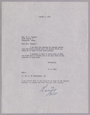 [Letter from W. L. Gatz to Mrs. Daniel W. Kempner, August 1, 1952]