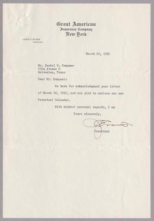 [Letter from John C. Evans to Daniel W. Kempner, March 20, 1952]