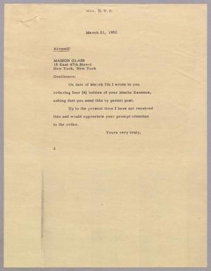 [Letter from Mrs. Daniel W. Kempner to Maison Glass, March 21, 1952]