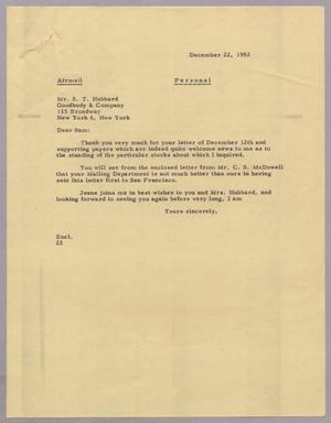 [Letter from Daniel W. Kempner to S. T. Hubbard, December 22, 1952]