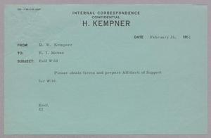 [Message from D. W. Kempner to R. I. Mehan, February 26, 1952]