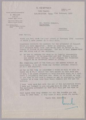 [Letter from Mark F. Heller to Mr. Harris Kempner, February 22, 1952]