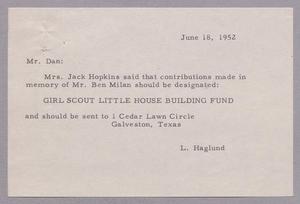 [Letter from L. Haglund to Daniel W. Kempner, June 18, 1952]