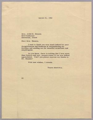 [Letter from Daniel W. Kempner to Mrs. Arild E. Hansen, March 31, 1952]