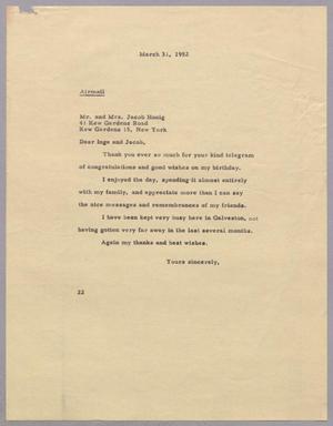 [Letter from Daniel W. Kempner to Jacob Honig, March 31, 1952]