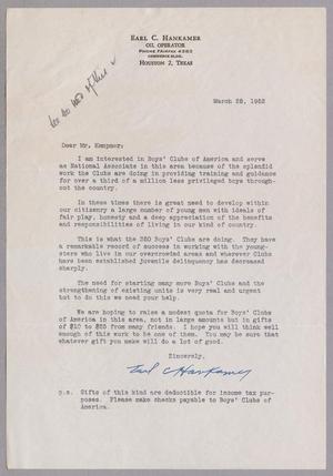 Primary view of object titled '[Letter from Earl C. Hankamer to Daniel W. Kempner, March 25, 1952]'.
