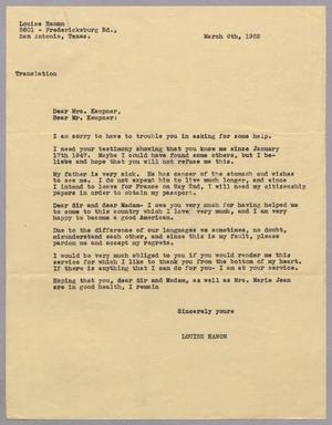 [Letter from Louise Hamon to Mr. and Mrs. Daniel W. Kempner, March 6, 1952, Translation]