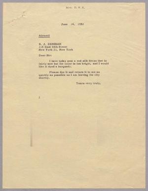 [Letter from Mrs. Daniel W. Kempner to B. J. Denihan, June 16, 1952]