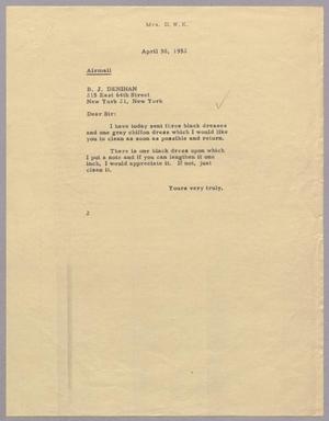 [Letter from Mrs. Daniel W. Kempner to B. J. Denihan, April 30, 1952]