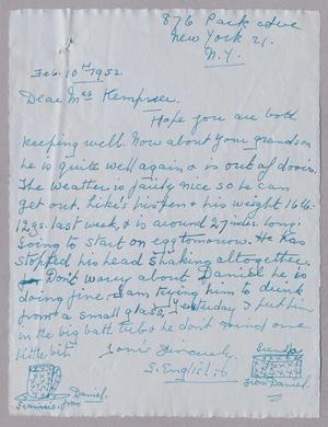 [Handwritten letter from G. Englisl to Mrs. Daniel W. Kempner, February 10, 1952]