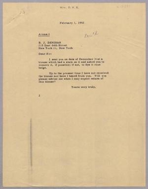 [Letter from Mrs. Daniel W. Kempner to B. J. Denihan, February 1, 1952]