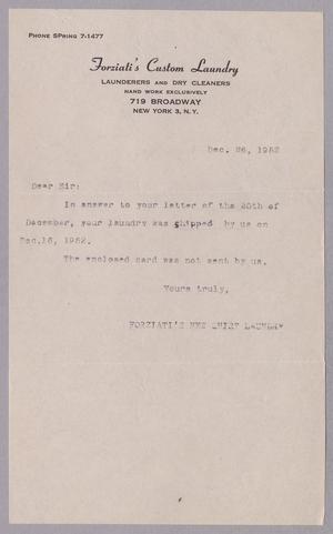 [Letter from Forziati's Custom Laundry to Daniel W. Kempner, December 26, 1952]